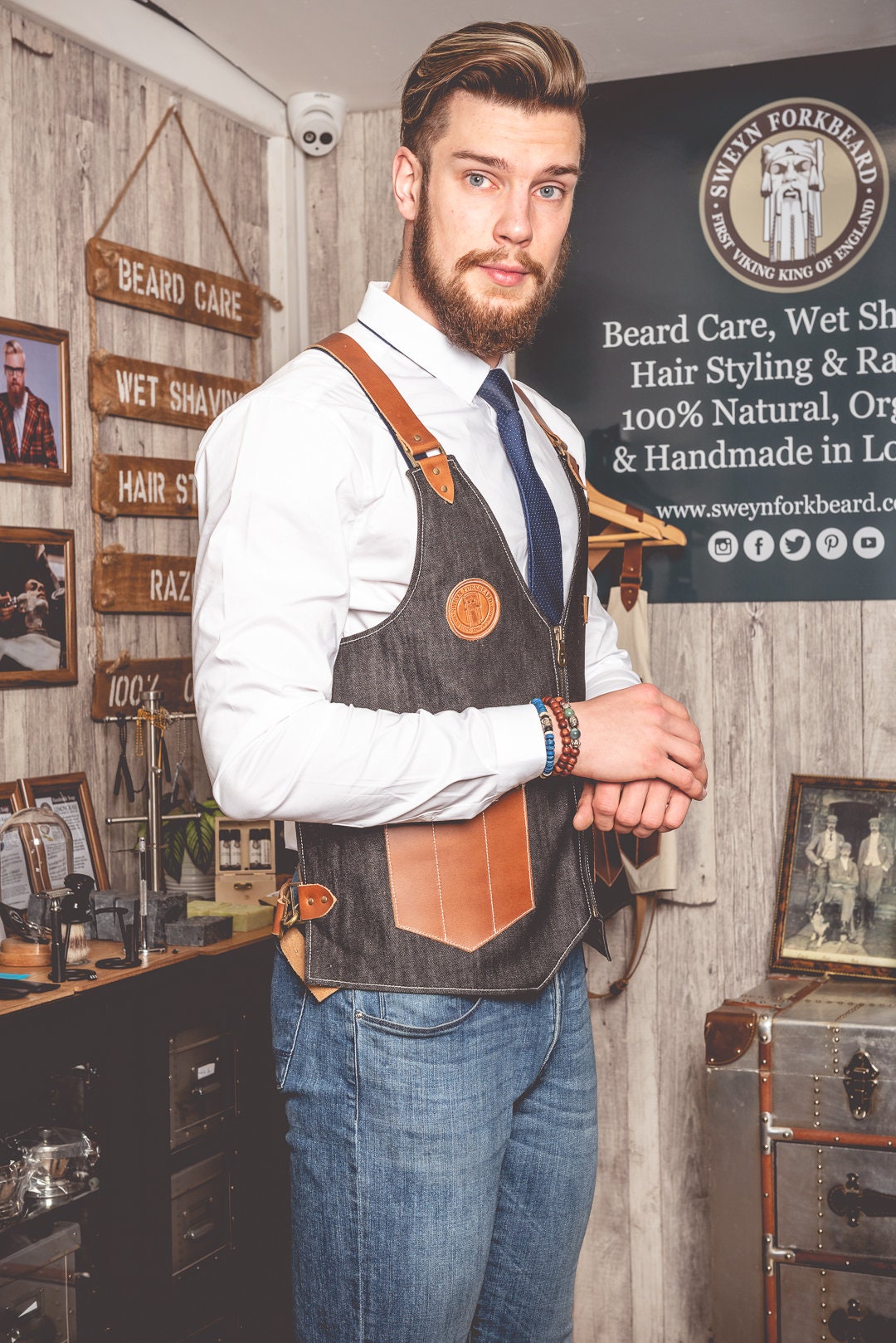 Image of Barber Vest in Black Denim With Leather Pockets & Straps
