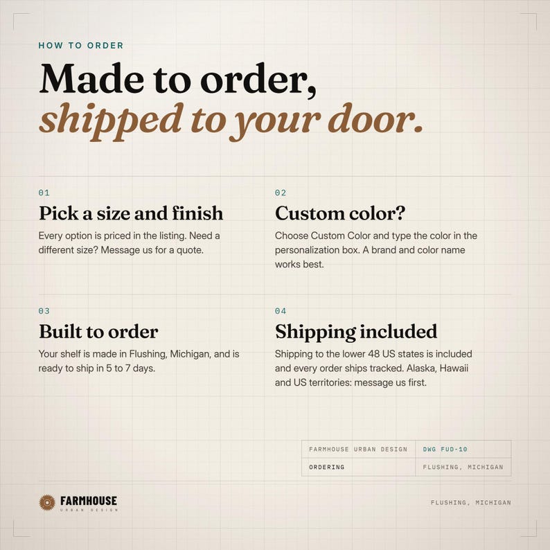 How to order: pick a size and finish, type a custom color in the personalization box, built to order and ready to ship in 5 to 7 days, shipping to the lower 48 US states included