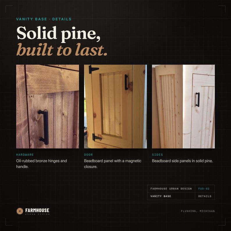 Vanity base details: oil-rubbed bronze hinges and handle, beadboard door with a magnetic closure, beadboard side panels in solid pine