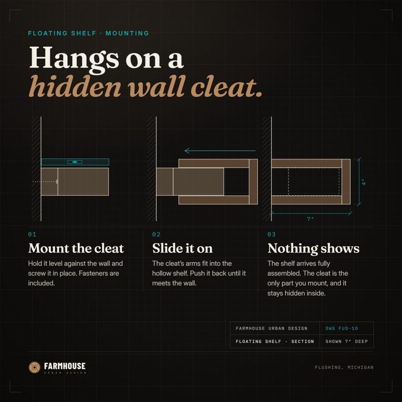 How the floating shelf mounts: screw the hidden wall cleat to the wall, slide the shelf over it, and nothing shows