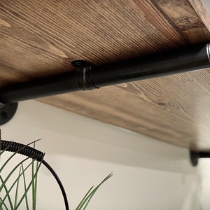 Rustic farmhouse pipe mounted wood shelf, pipe bracket shelf mount