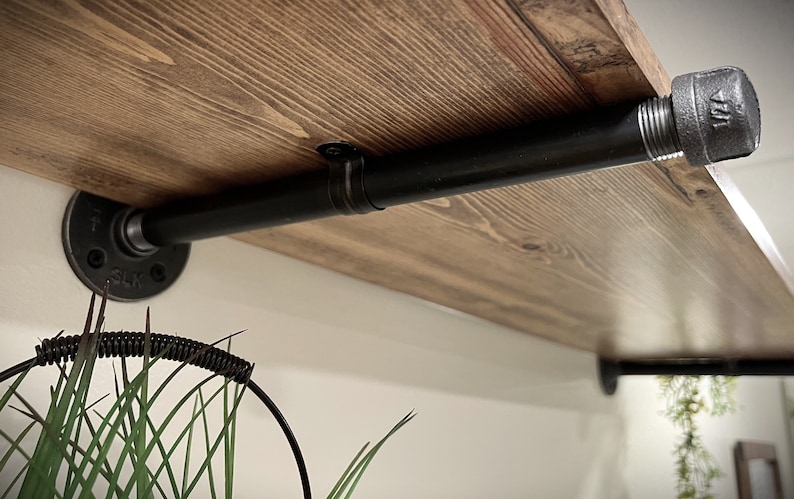 Rustic farmhouse pipe mounted wood shelf, pipe bracket shelf mount