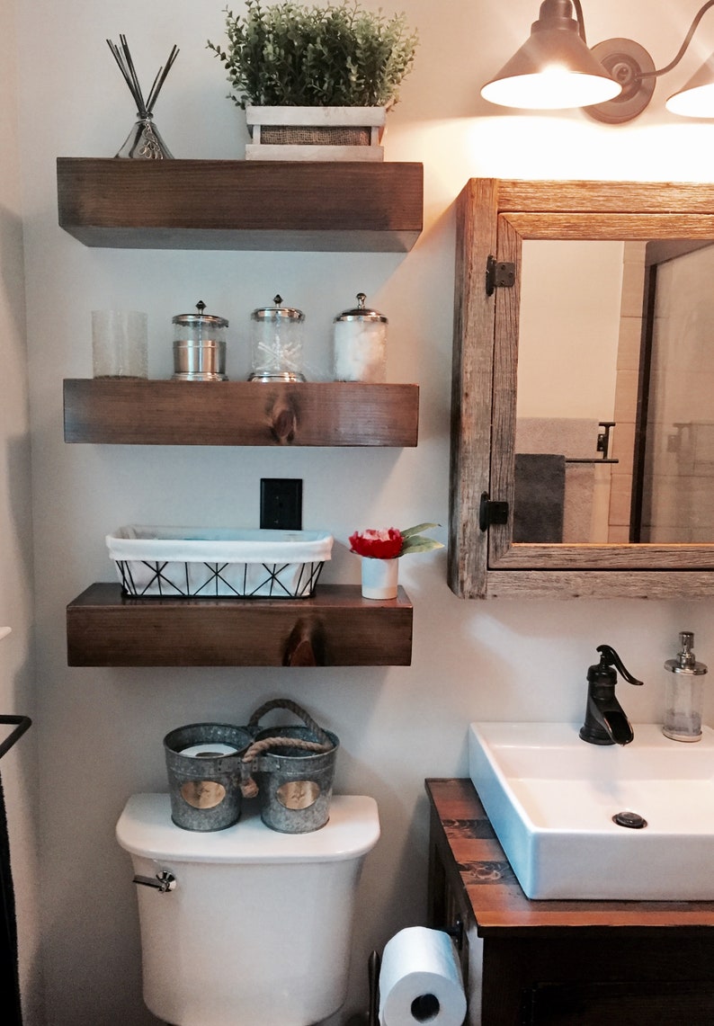 Rustic floating wood shelves with hidden fasteners, bathroom decor, set of 3