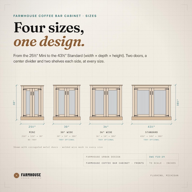 Farmhouse Coffee Bar Cabinet sizes drawn to scale: the Mini 25½ × 12½ × 38 inches, 30 and 36 inches wide, and the Standard 43½ × 14¾ × 38½ inches, each with two corrugated metal doors