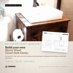 Rustic Wood Vessel Sink Vanity Plans, DIY Bathroom Cabinet, Pine, PDF Download, 20-36 Inch