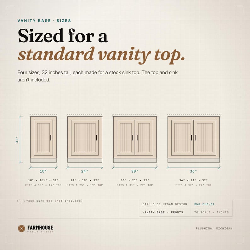 Vanity base sizes drawn to scale: 18, 24, 30 and 36 inches wide, 32 inches tall, each sized for a standard vanity sink top