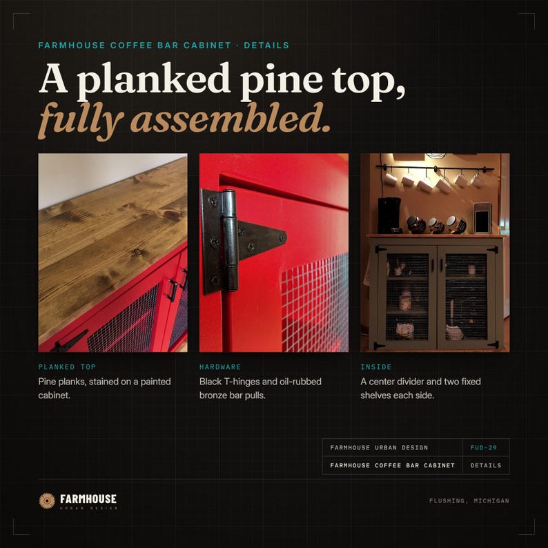 Farmhouse Coffee Bar Cabinet details: a stained planked pine top, a black T-hinge beside a welded wire panel, and the center divider and shelves seen through the wire doors