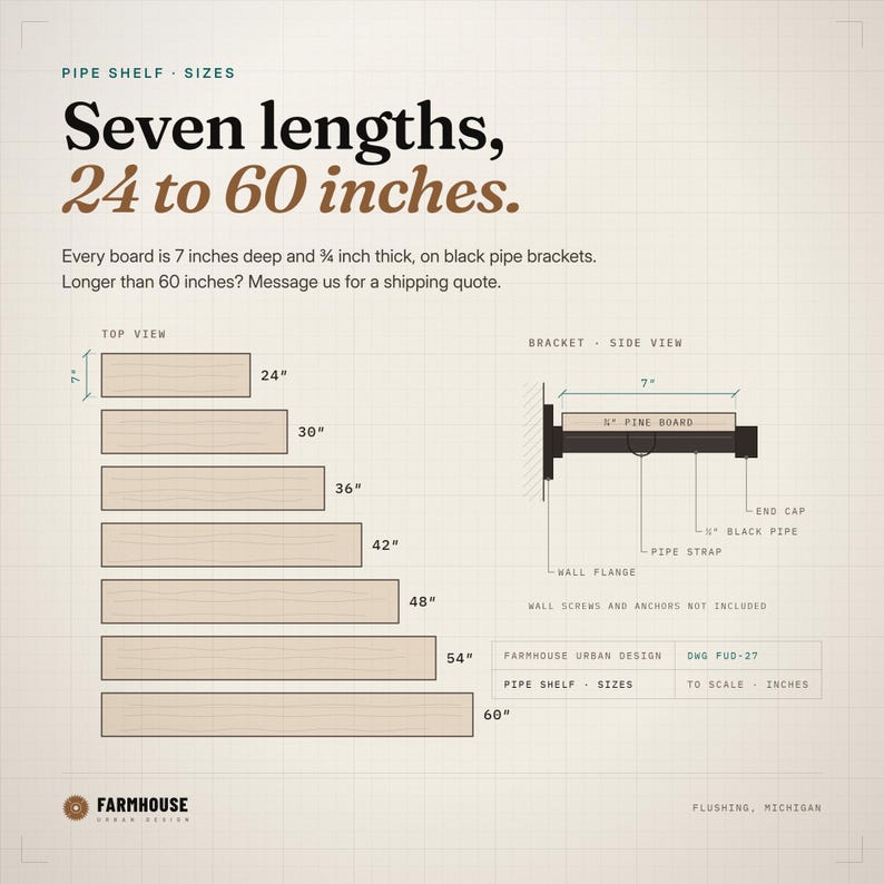 Pipe shelf size chart: pine boards from 24 to 60 inches long and 7 inches deep, with a side view of the black pipe bracket