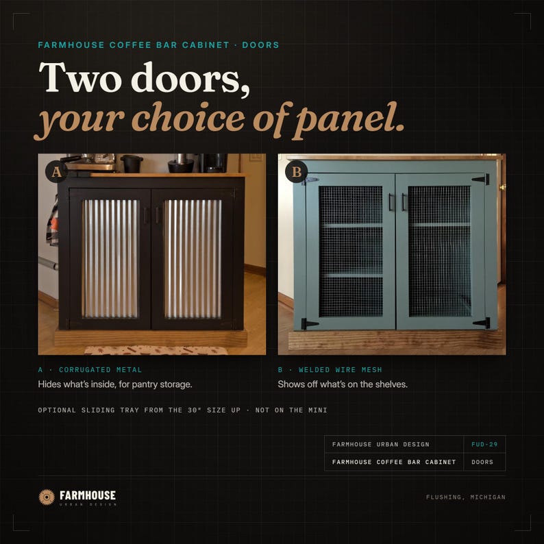 Farmhouse Coffee Bar Cabinet door choices: A, corrugated metal panels on a black cabinet; B, welded wire mesh panels on a sage green cabinet showing the shelves