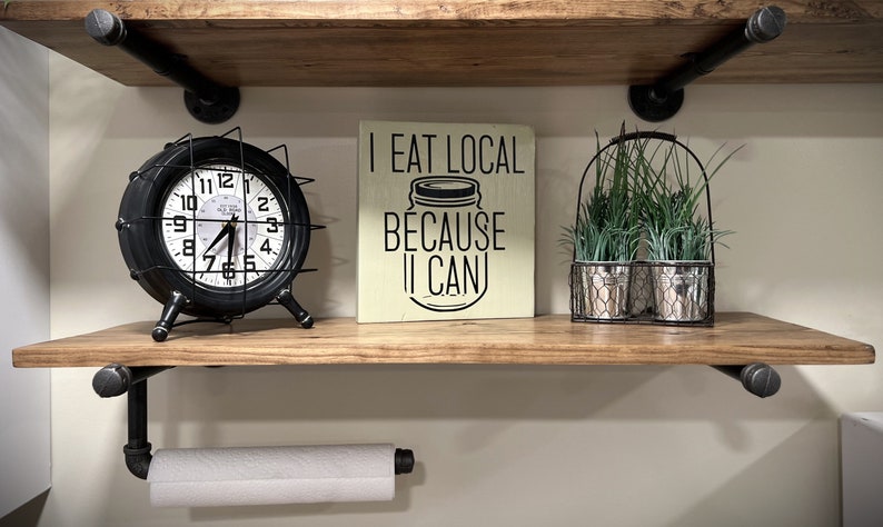 Rustic farmhouse pipe mounted wood shelf, with a paper towel holder (a custom option)