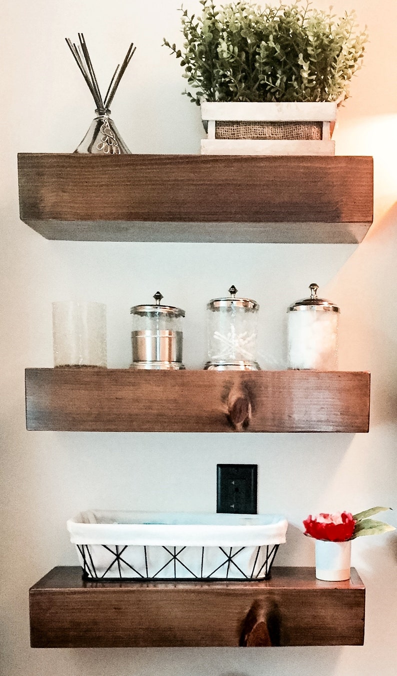 Rustic floating wood shelves with hidden fasteners, farmhouse decor, set of 3