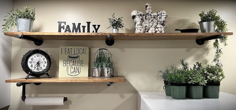 Rustic farmhouse pipe mounted set of wood shelves, with a paper towel holder (a custom option)