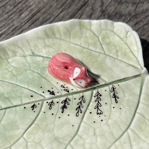 Porcelain fox censer incense holder smudging bowl crystal holder jewelry dish with real japanese knotweed leaf stamp