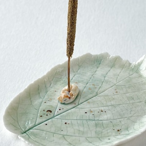 Porcelain boho incense palo santo smudging bowl plate with miniature fox on walnut leaf