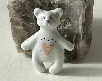 White porcelain polar bear miniature brooch pin decorated with 22k gold