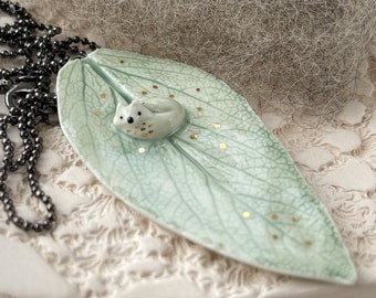 Fox on sage leaf porcelain white miniature necklace decorated with 22k golden stardust