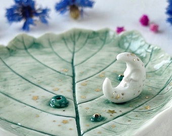 Porcelain moon censer incense holder smudging bowl crystal holder jewelry dish with real black alder leaf stamp