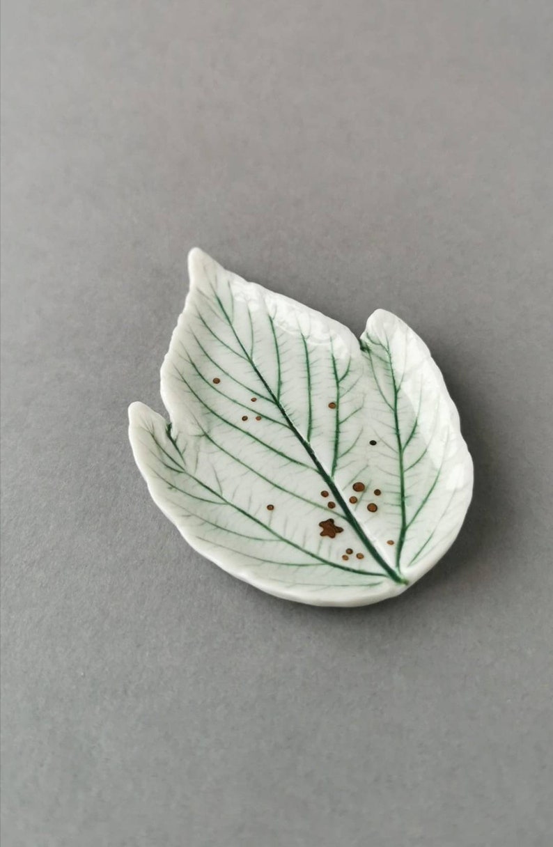 Porcelain handmade elf dish with natural leaf stamp image 6