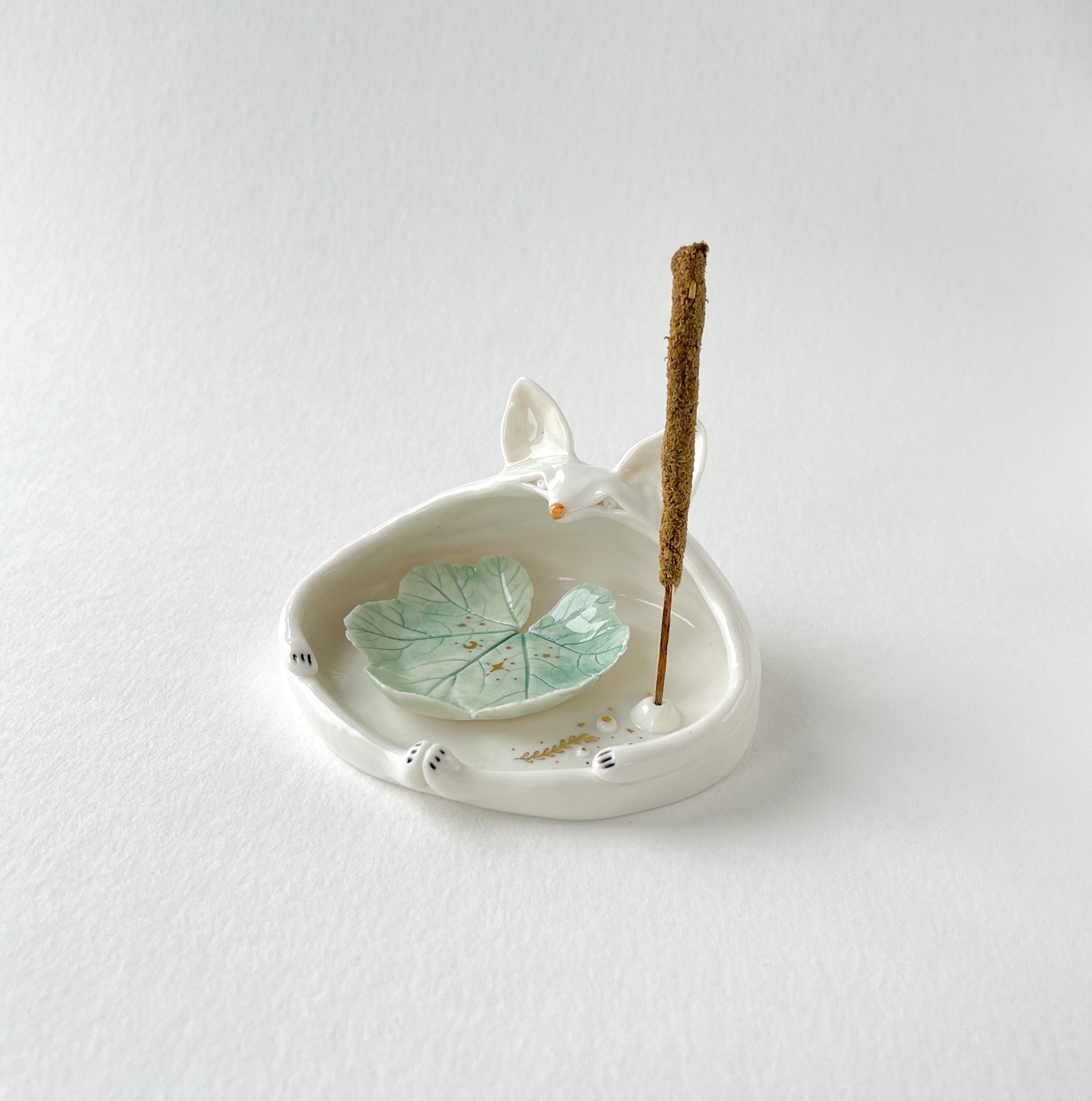 Ceramic Fox with mallow weed leaf stamp censer  incense holder smudging bowl crystal holder jewelry dish with stardust of gold