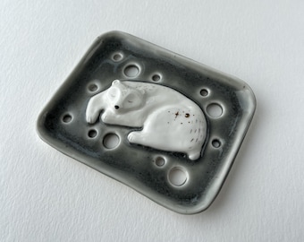 Porcelain soap dish with polar bear and golden stardust