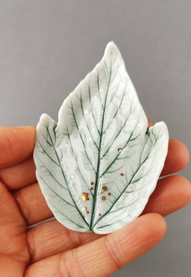 Porcelain handmade elf dish with natural leaf stamp image 8