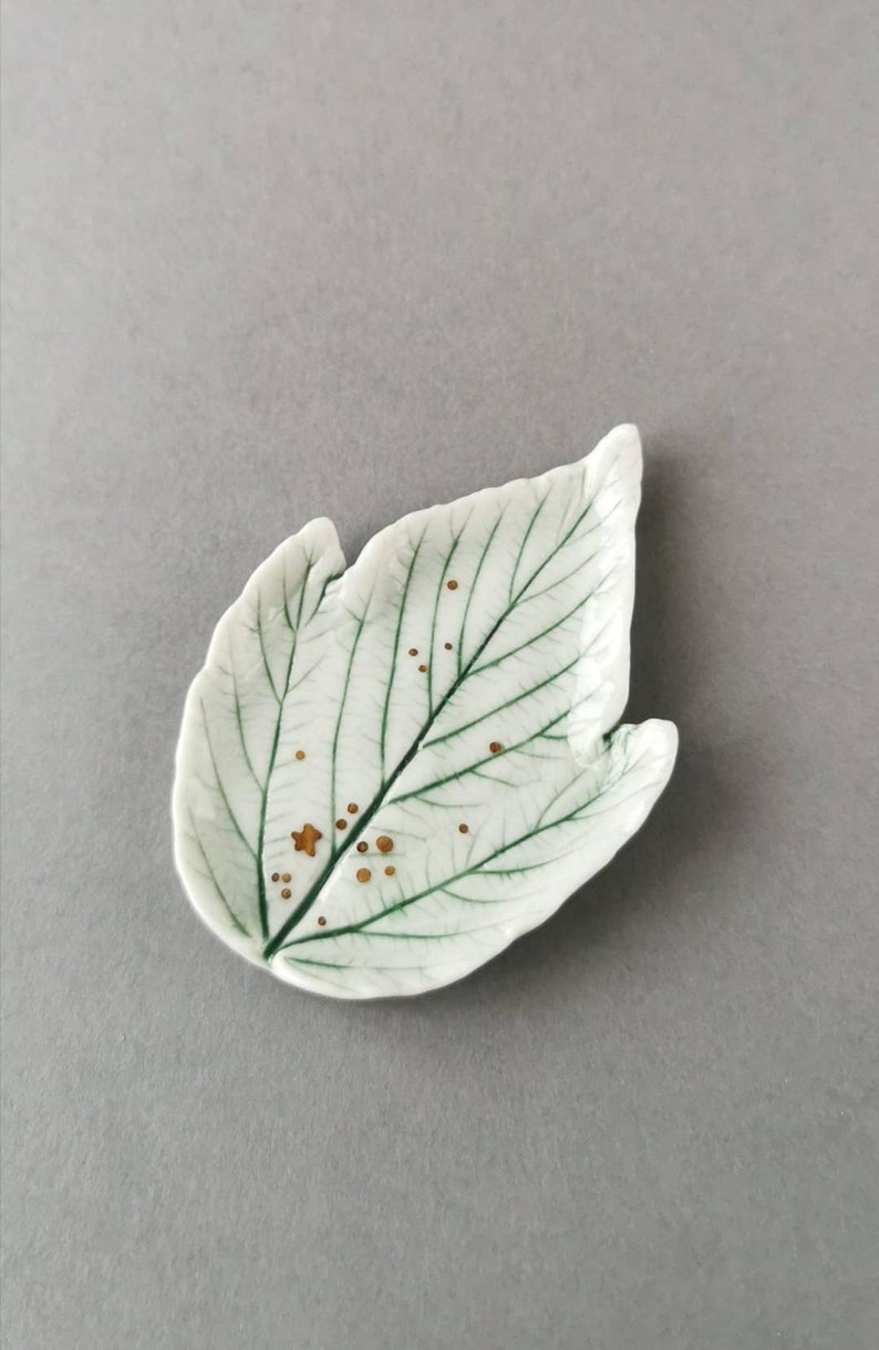 Porcelain handmade elf dish with natural leaf stamp image 5