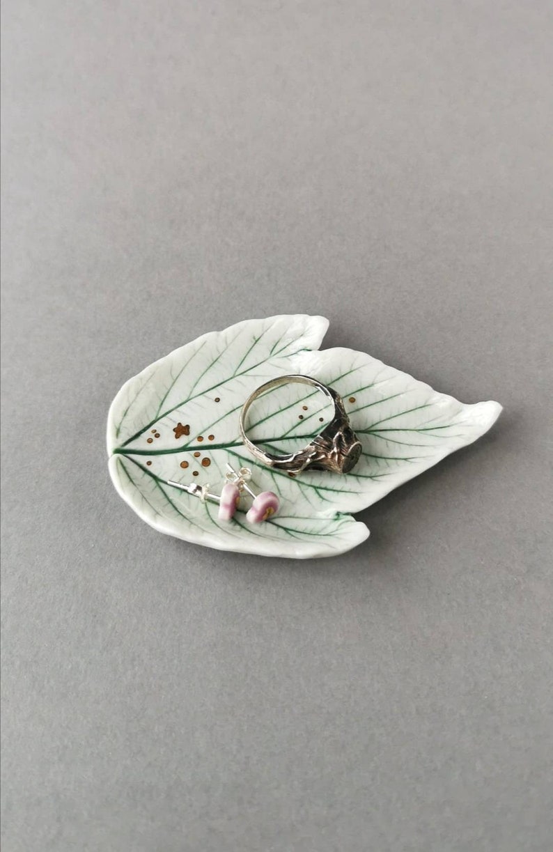 Porcelain handmade elf dish with natural leaf stamp image 1