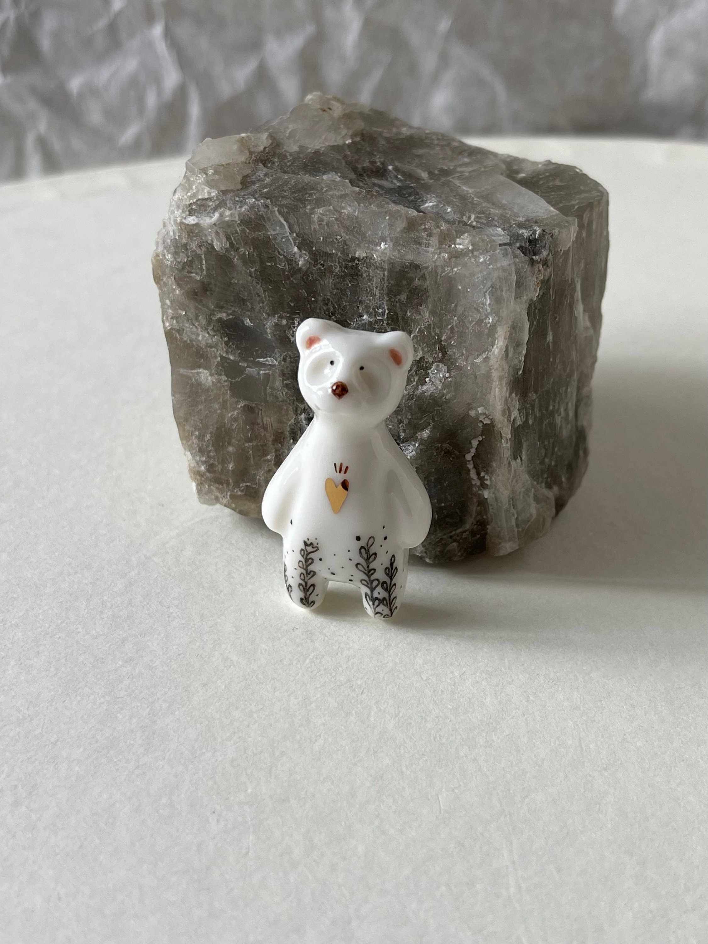 White bear pin porcelain miniature brooch decorated with 22k gold