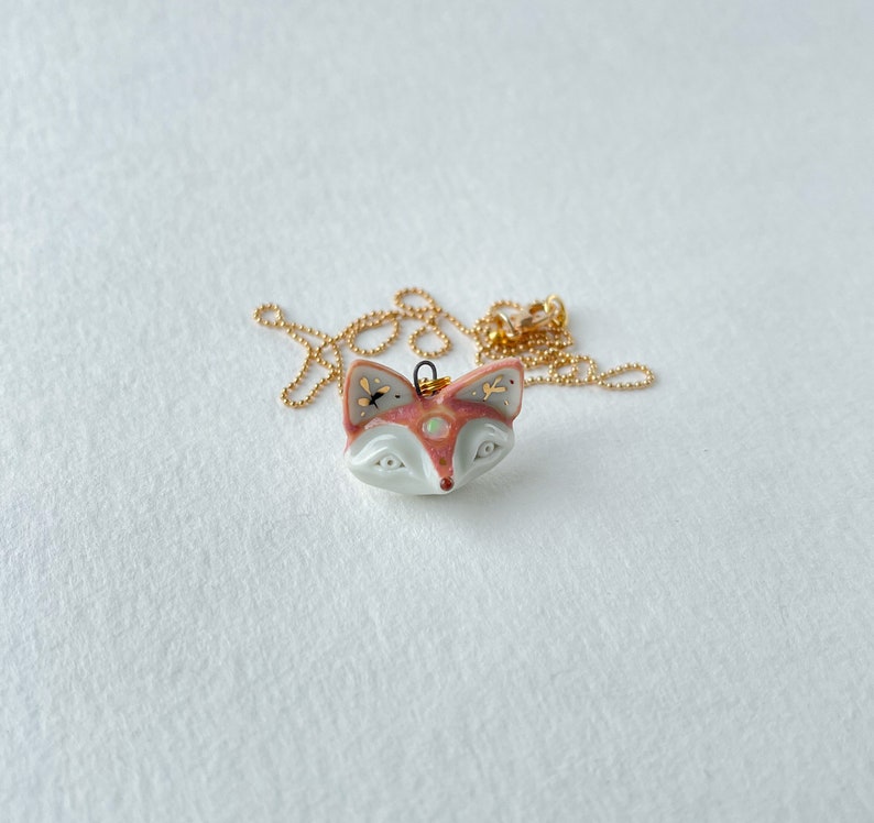 Porcelain miniature fox with opal pendant decorated with 22k gold image 4