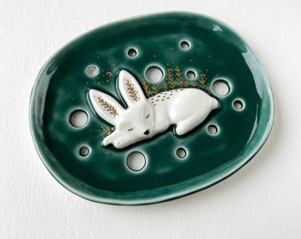 Porcelain soap dish with white rabbit and golden stardust