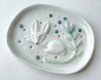 Porcelain soap dish with white rabbit and golden stardust