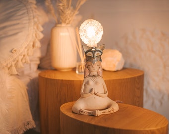 Tattooed tribal woman fox electric ceramic sculpture lamp with lightbulb ready to use