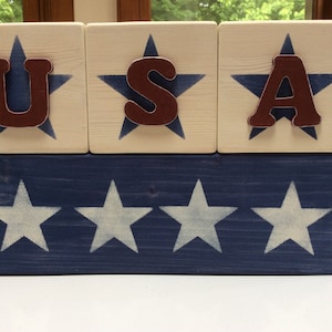 USA, Red White Blue, Fourth of July, July 4th, Patriotic, Americana, Wood Blocks, Stars, Farmhouse, Tiered Tray