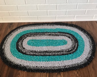 Tapis Amish Tissu Coton Crocheté - Gris, Turquoise, Blanc - Fabriqué Aux USA