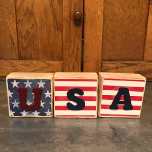 USA, Red White Blue Wood Blocks July 4th, Patriotic Shelf Sitter