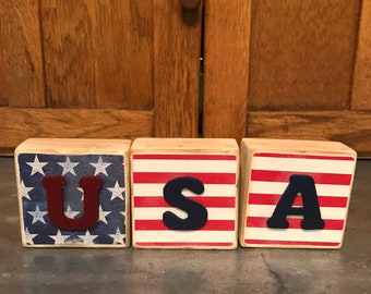 USA, Red White Blue Wood Blocks July 4th, Patriotic Shelf Sitter