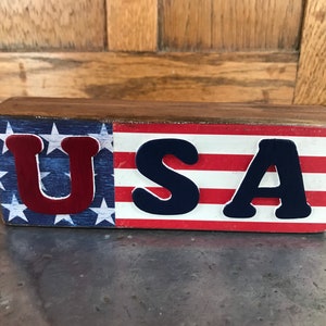 USA, Red White Blue Wood Block July 4th, Patriotic Shelf Sitter