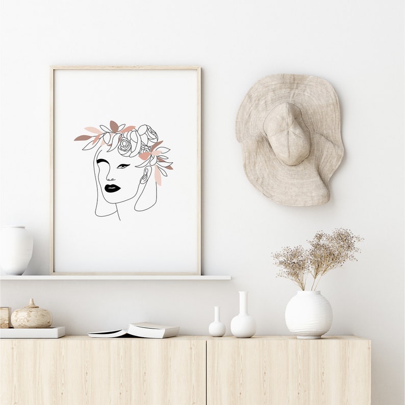 Printable Wall Art Woman With Flower Crown Fine Line Etsy
