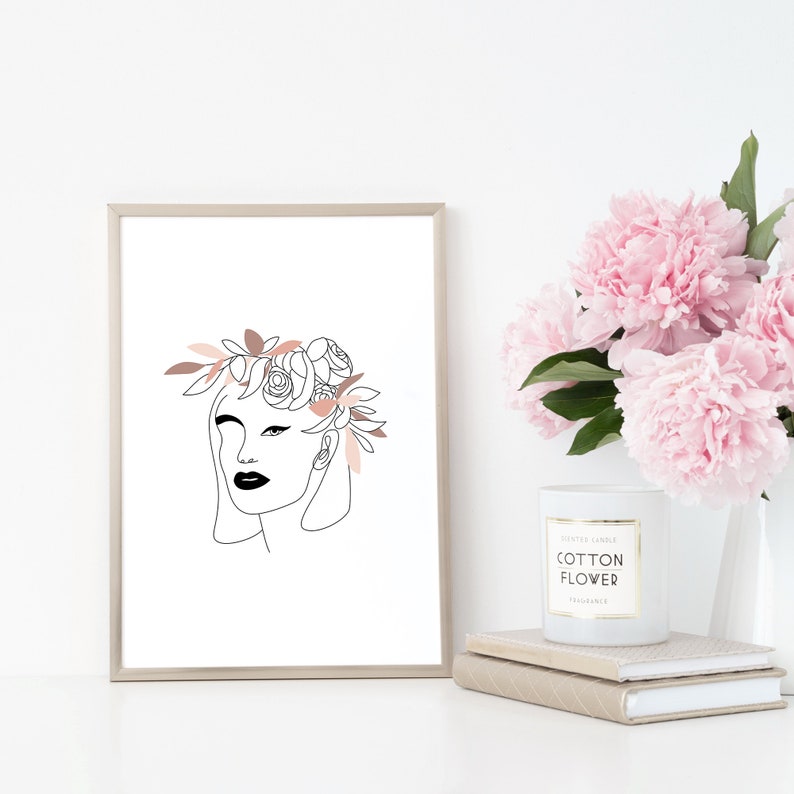 Printable Wall Art Woman With Flower Crown Fine Line Etsy