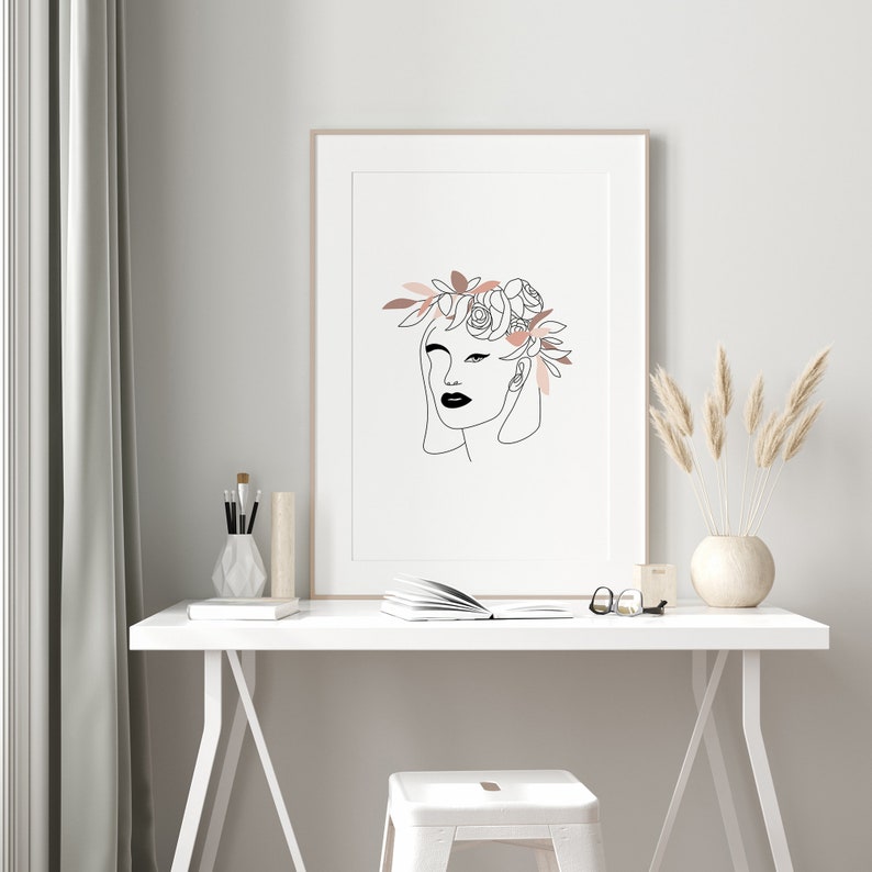 Printable Wall Art Woman With Flower Crown Fine Line Etsy