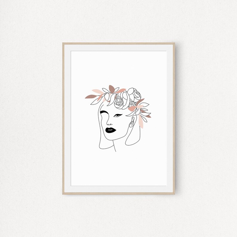 Printable Wall Art Woman With Flower Crown Fine Line Etsy