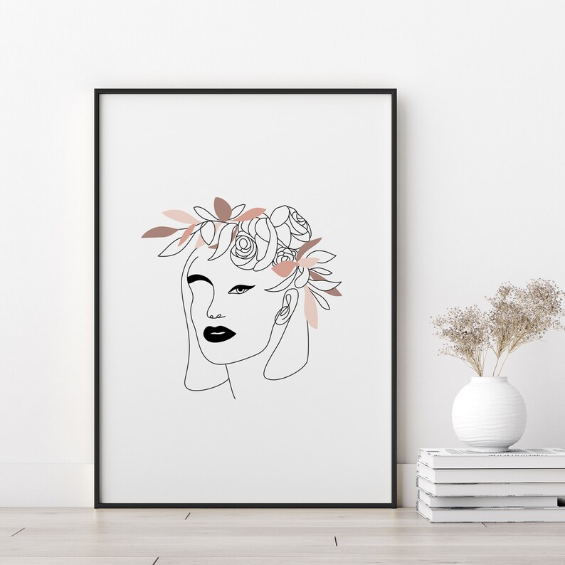 Printable Wall Art Woman With Flower Crown Fine Line Etsy