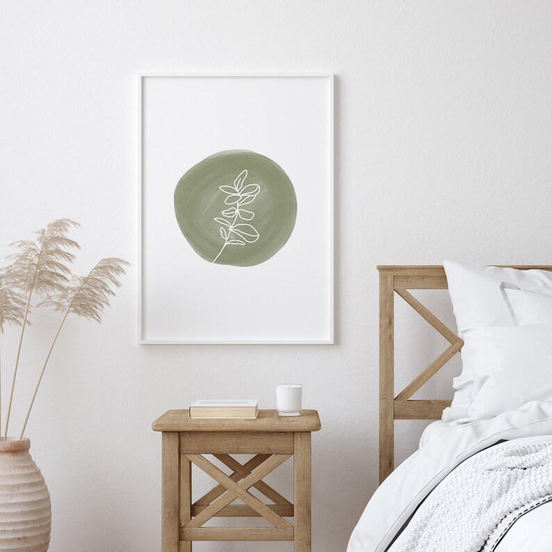 Printable Line Eucalyptus Wall Art Print on Green Circle Fine - Etsy