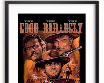 May include: A vintage movie poster for the film "The Good, the Bad and the Ugly". The poster features three men in cowboy hats, with the title text in a bold, orange font. The poster has a desert background.