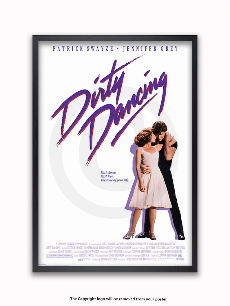 May include: A movie poster for the film "Dirty Dancing" featuring Patrick Swayze and Jennifer Grey. The poster has a white background with a purple and red title and a photo of the actors dancing.