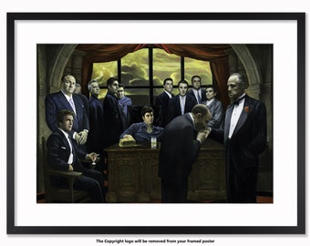 Op de afbeelding: Een schilderij van een groep mannen in pak, zittend rond een grote houten tafel. De mannen kijken allemaal naar de camera, en sommigen houden een glas wijn vast. Het schilderij is gesitueerd in een donkere kamer met een groot raam op de achtergrond.