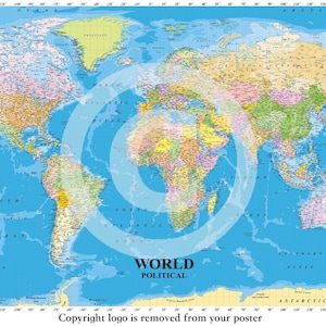 Political World Map Poster With Sea Contours