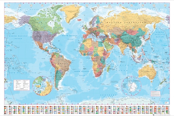 Mappa del mondo politico con poster polar caps -  Italia