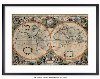 Nova Totius Terrarum  - Antique Vintage Style -  Henricus Hondius - World Map Poster