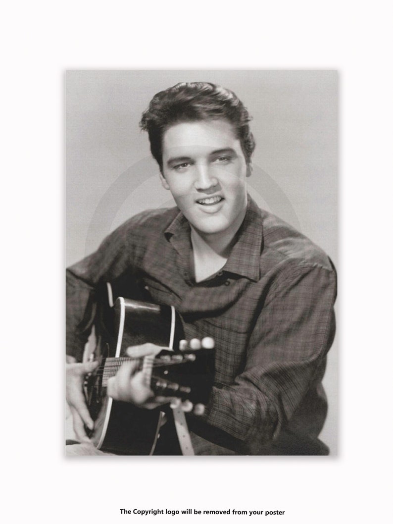 May include: A monochrome portrait of a man playing a guitar. The man is smiling and wearing a plaid shirt. The guitar is black and white. The image is a vintage photograph.